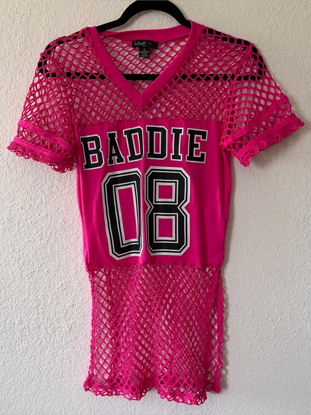 Love hot Pink "BADDIE 08" Mesh overlay woman’s top size M festival street wear